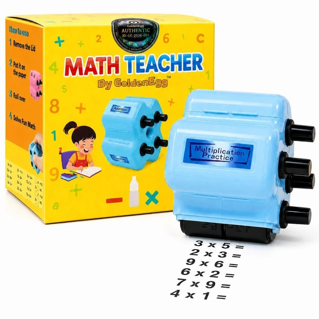 Main image of Math Teacher 4-in-1 Math Roller Stamp, Math Facts Practice Worksheet Maker for Kids Ages 5-9, 1st 2nd 3rd Grade Classroom Must Haves, Homeschool, Back to School Gifts (Blue)