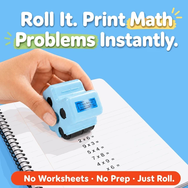 Alt view image 2 of 6 - Math Teacher 4-in-1 Math Roller Stamp, Math Facts Practice Worksheet Maker for Kids Ages 5-9, 1st 2nd 3rd Grade Classroom Must Haves, Homeschool, Back to School Gifts (Blue)