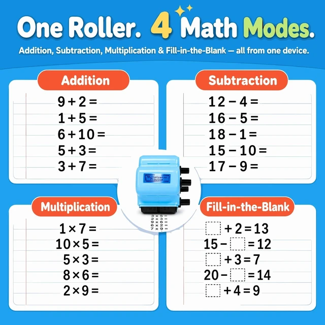 Alt view image 3 of 6 - Math Teacher 4-in-1 Math Roller Stamp, Math Facts Practice Worksheet Maker for Kids Ages 5-9, 1st 2nd 3rd Grade Classroom Must Haves, Homeschool, Back to School Gifts (Blue)