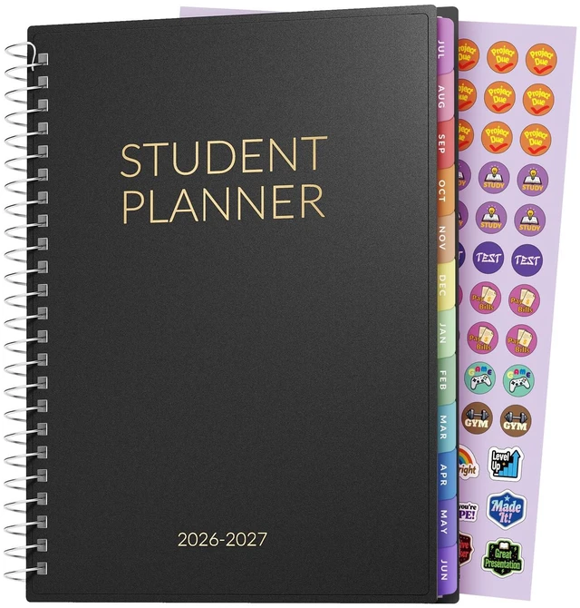 Main image of Student Planner 2026-2027, Middle or High School Planner for Academic Year Jul. 2026 - Jun. 2027, 6.5" x 8.3" Lesson Plan Datebook with PVC Waterproof Cover, Bookmark, Planning Stickers, Black
