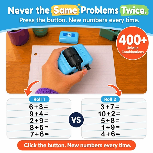 Alt view image 4 of 6 - Math Teacher 4-in-1 Math Roller Stamp, Math Facts Practice Worksheet Maker for Kids Ages 5-9, 1st 2nd 3rd Grade Classroom Must Haves, Homeschool, Back to School Gifts (Blue)