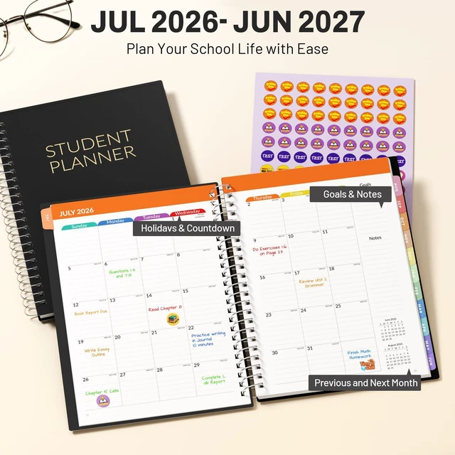 Alt view image 2 of 7 - Student Planner 2026-2027, Middle or High School Planner for Academic Year Jul. 2026 - Jun. 2027, 6.5" x 8.3" Lesson Plan Datebook with PVC Waterproof Cover, Bookmark, Planning Stickers, Black