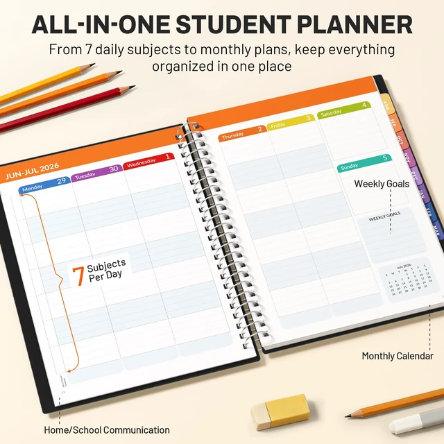 Alt view image 3 of 7 - Student Planner 2026-2027, Middle or High School Planner for Academic Year Jul. 2026 - Jun. 2027, 6.5" x 8.3" Lesson Plan Datebook with PVC Waterproof Cover, Bookmark, Planning Stickers, Black