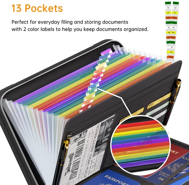 Alt view image 3 of 7 - Fireproof Accordion File Organizer, Expanding File Folder, Black 13 Pocket Colorful, Handle, Zipper & Labels, Multi-Pockets Paper Organizer, for Letter A4 Files, Home, Office, School