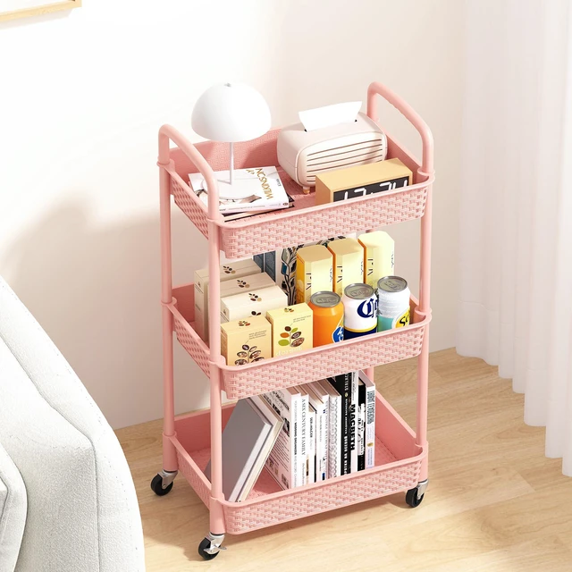 Alt view image 3 of 7 - 3-Tier Plastic Rolling Utility Cart with Handle,Utility,Pink Utility Storage Cart for Office, Living Room, Kitchen,Movable Storage OrganizerEasy installationRattan-like art design