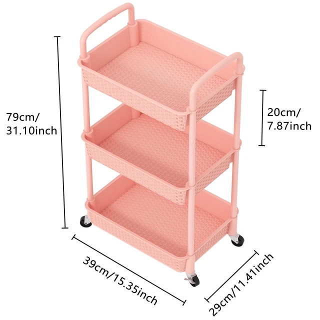 Alt view image 2 of 7 - 3-Tier Plastic Rolling Utility Cart with Handle,Utility,Pink Utility Storage Cart for Office, Living Room, Kitchen,Movable Storage OrganizerEasy installationRattan-like art design