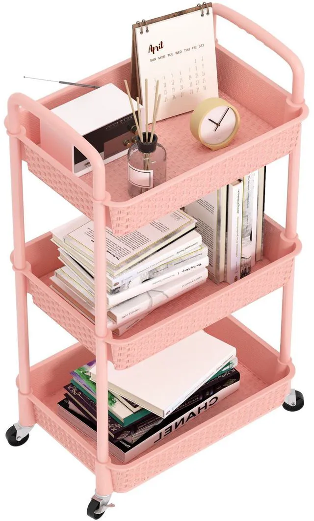 Main image of 3-Tier Plastic Rolling Utility Cart with Handle,Utility,Pink Utility Storage Cart for Office, Living Room, Kitchen,Movable Storage OrganizerEasy installationRattan-like art design