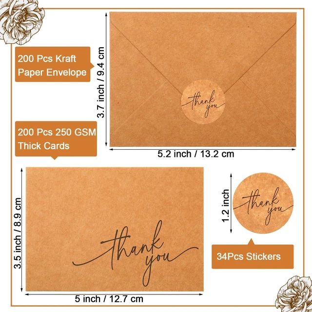 Alt view image 2 of 6 - 200 Pcs Thank You Cards with Envelopes Stickers, 3.5x5", Brown Folded Blank Thank You Notes Bulk, Kraft Envelopes and Stickers, for Wedding Business Graduation Baby Shower Bridal Shower