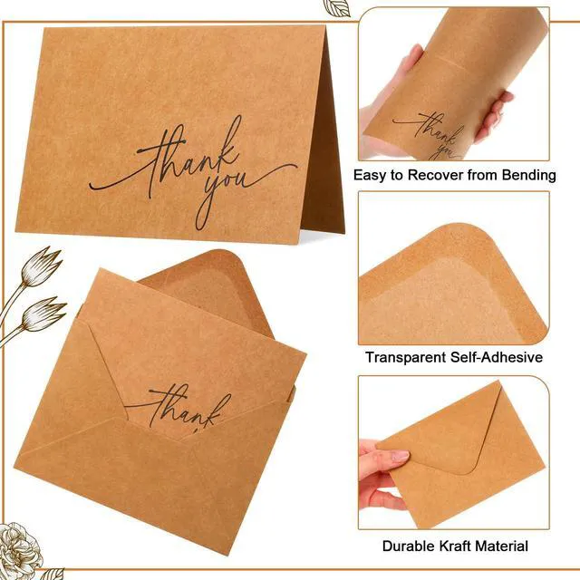Alt view image 3 of 6 - 200 Pcs Thank You Cards with Envelopes Stickers, 3.5x5", Brown Folded Blank Thank You Notes Bulk, Kraft Envelopes and Stickers, for Wedding Business Graduation Baby Shower Bridal Shower