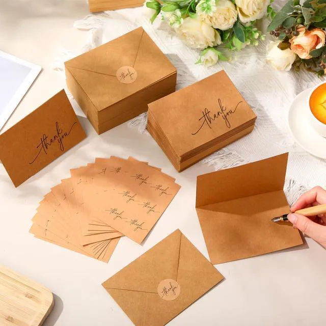 Alt view image 4 of 6 - 200 Pcs Thank You Cards with Envelopes Stickers, 3.5x5", Brown Folded Blank Thank You Notes Bulk, Kraft Envelopes and Stickers, for Wedding Business Graduation Baby Shower Bridal Shower