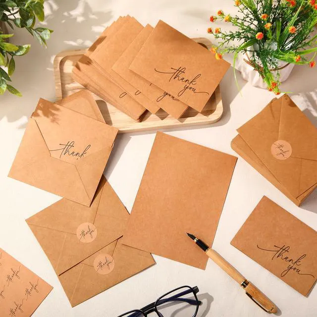 Alt view image 5 of 6 - 200 Pcs Thank You Cards with Envelopes Stickers, 3.5x5", Brown Folded Blank Thank You Notes Bulk, Kraft Envelopes and Stickers, for Wedding Business Graduation Baby Shower Bridal Shower
