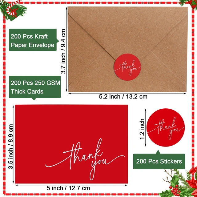 Alt view image 2 of 7 - 200 Pcs Thank You Cards with Envelopes Stickers, 3.5x5", Red, Green Folded Blank Thank You Notes Bulk, Kraft Envelopes and Stickers, for Wedding Business Graduation Baby Shower Bridal Shower