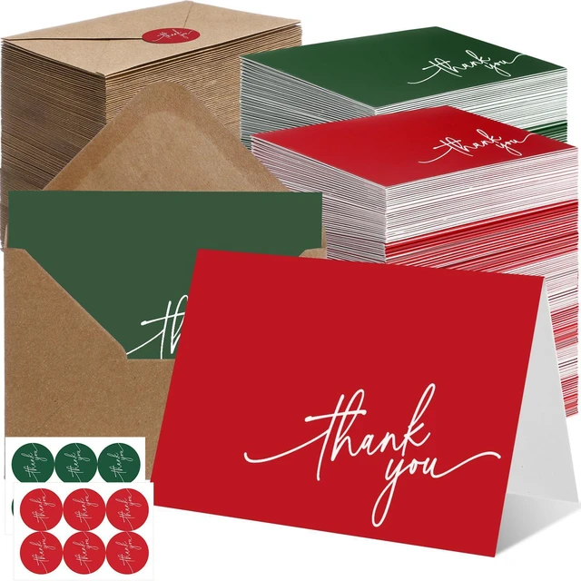 Main image of 200 Pcs Thank You Cards with Envelopes Stickers, 3.5x5", Red, Green Folded Blank Thank You Notes Bulk, Kraft Envelopes and Stickers, for Wedding Business Graduation Baby Shower Bridal Shower