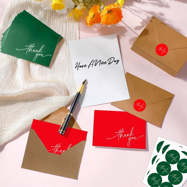 Alt view image 5 of 7 - 200 Pcs Thank You Cards with Envelopes Stickers, 3.5x5", Red, Green Folded Blank Thank You Notes Bulk, Kraft Envelopes and Stickers, for Wedding Business Graduation Baby Shower Bridal Shower