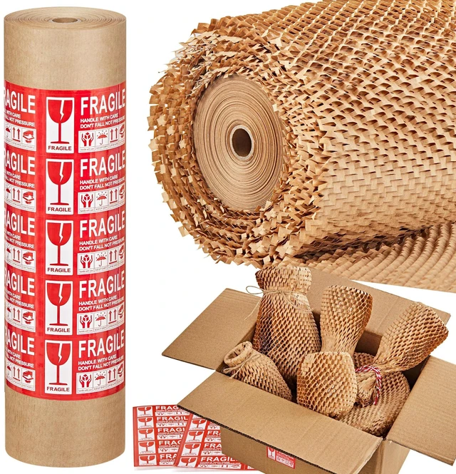 Main image of Honeycomb Packing Paper, 15" x 200' Packing Wrap Roll for Packing Recyclable Honeycomb Packing Paper For Moving W/ Cushion Protection, Gift Wrapping Paper W/ 20 Fragile Sticker Labels