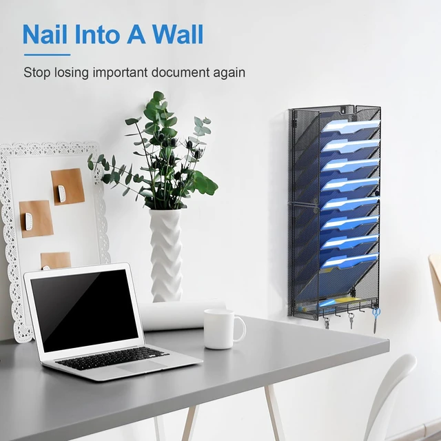 Alt view image 2 of 7 - 10 Tier Hanging Wall File Organizer Wall Mount Paper Document Folder Holder with Hooks for Home Office Organization