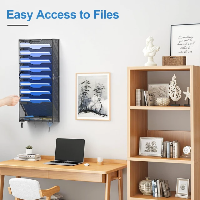 Alt view image 3 of 7 - 10 Tier Hanging Wall File Organizer Wall Mount Paper Document Folder Holder with Hooks for Home Office Organization