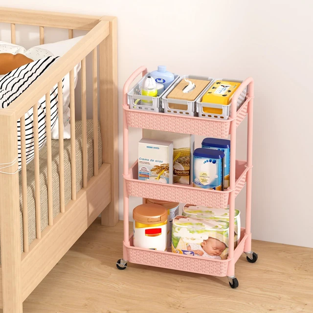 Alt view image 7 of 7 - 3-Tier Plastic Rolling Utility Cart with Handle,Utility,Pink Utility Storage Cart for Office, Living Room, Kitchen,Movable Storage OrganizerEasy installationRattan-like art design