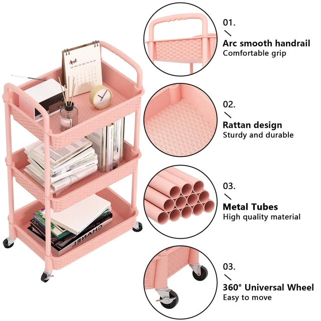 Alt view image 5 of 7 - 3-Tier Plastic Rolling Utility Cart with Handle,Utility,Pink Utility Storage Cart for Office, Living Room, Kitchen,Movable Storage OrganizerEasy installationRattan-like art design