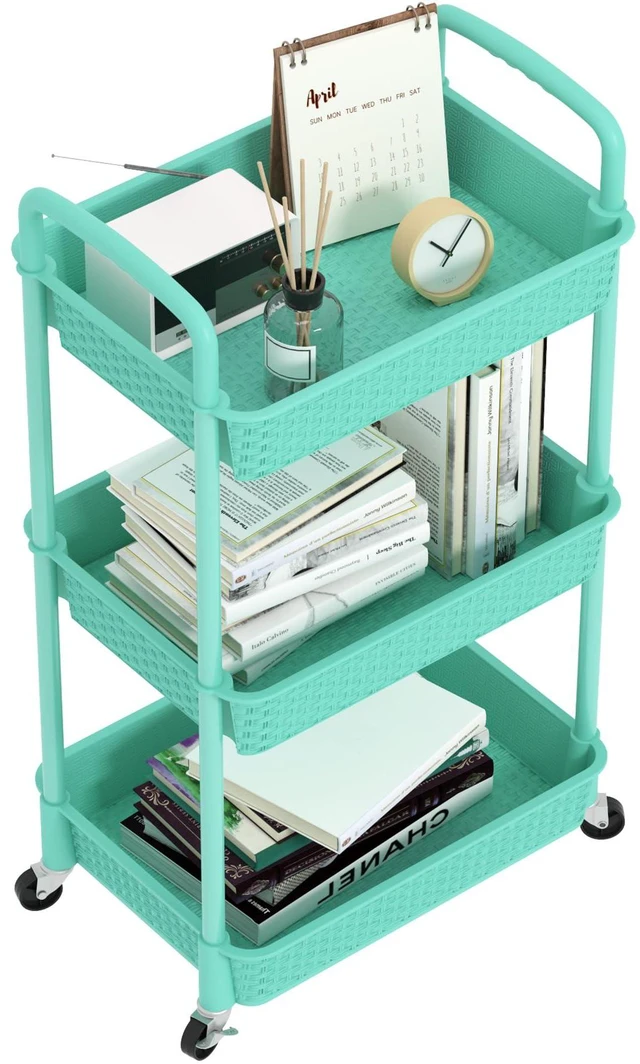 Main image of 3-Tier Plastic Rolling Utility Cart with Handle,Turquoise Utility Storage Cart for Office, Living Room, Kitchen,Movable Storage OrganizerEasy installationRattan-like art design