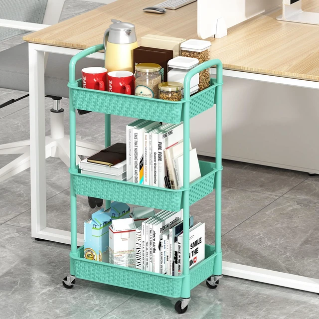 Alt view image 4 of 7 - 3-Tier Plastic Rolling Utility Cart with Handle,Turquoise Utility Storage Cart for Office, Living Room, Kitchen,Movable Storage OrganizerEasy installationRattan-like art design