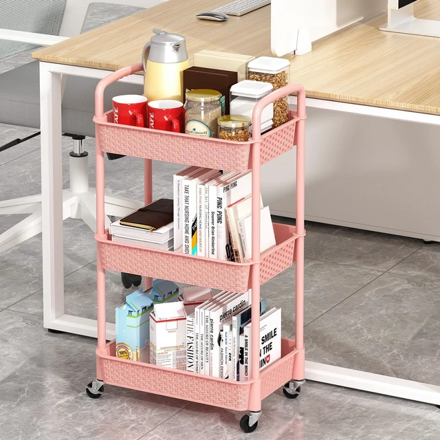 Alt view image 4 of 7 - 3-Tier Plastic Rolling Utility Cart with Handle,Utility,Pink Utility Storage Cart for Office, Living Room, Kitchen,Movable Storage OrganizerEasy installationRattan-like art design