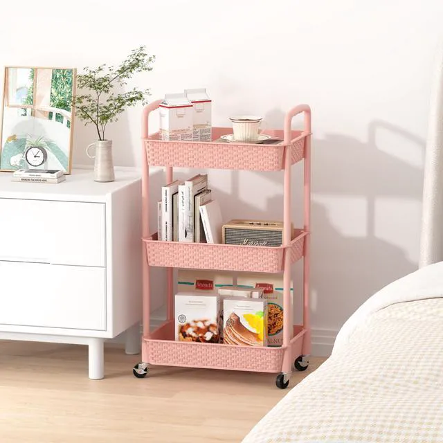 Alt view image 6 of 7 - 3-Tier Plastic Rolling Utility Cart with Handle,Utility,Pink Utility Storage Cart for Office, Living Room, Kitchen,Movable Storage OrganizerEasy installationRattan-like art design