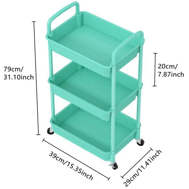 Alt view image 2 of 7 - 3-Tier Plastic Rolling Utility Cart with Handle,Turquoise Utility Storage Cart for Office, Living Room, Kitchen,Movable Storage OrganizerEasy installationRattan-like art design