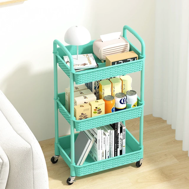 Alt view image 3 of 7 - 3-Tier Plastic Rolling Utility Cart with Handle,Turquoise Utility Storage Cart for Office, Living Room, Kitchen,Movable Storage OrganizerEasy installationRattan-like art design
