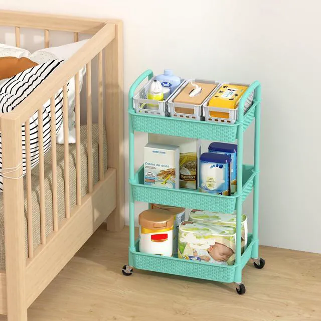 Alt view image 6 of 7 - 3-Tier Plastic Rolling Utility Cart with Handle,Turquoise Utility Storage Cart for Office, Living Room, Kitchen,Movable Storage OrganizerEasy installationRattan-like art design