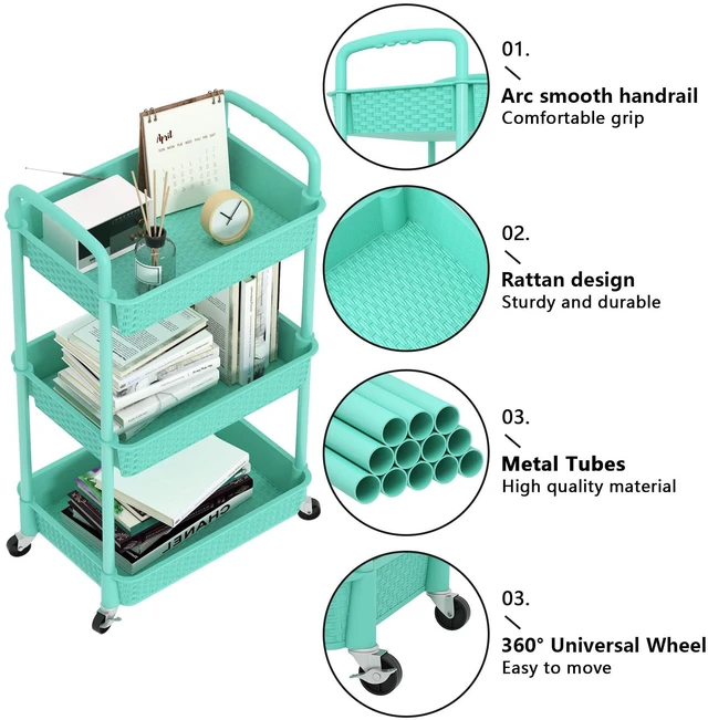 Alt view image 5 of 7 - 3-Tier Plastic Rolling Utility Cart with Handle,Turquoise Utility Storage Cart for Office, Living Room, Kitchen,Movable Storage OrganizerEasy installationRattan-like art design