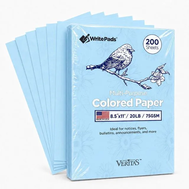 Main image of Veritas Blue Copy Paper, 8.5 x 11 Inches, 20LB/75GSM Colored Printer Paper, 200 Sheets, Multipurpose Paper for Laser and Inkjet Printers, Office and School, Made in USA