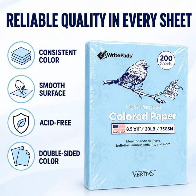 Alt view image 2 of 7 - Veritas Blue Copy Paper, 8.5 x 11 Inches, 20LB/75GSM Colored Printer Paper, 200 Sheets, Multipurpose Paper for Laser and Inkjet Printers, Office and School, Made in USA