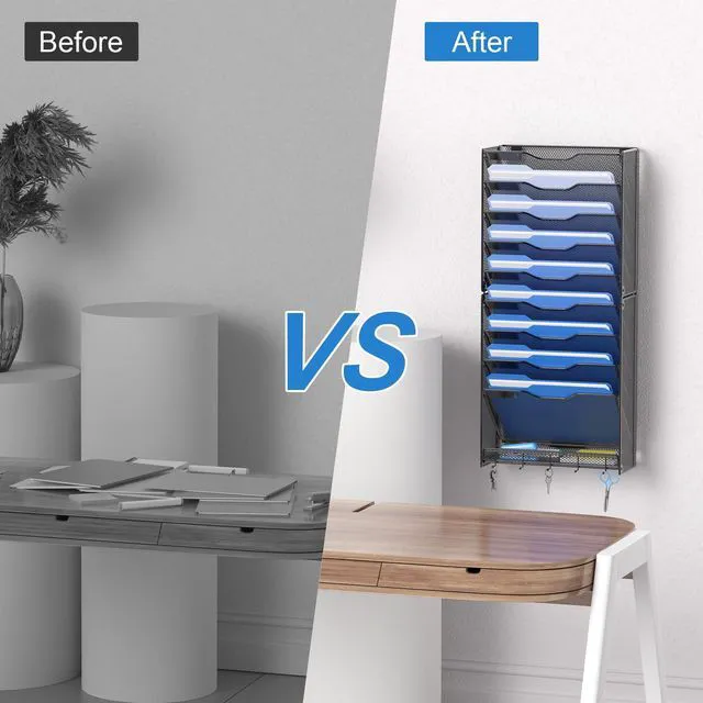 Alt view image 6 of 7 - 10 Tier Hanging Wall File Organizer Wall Mount Paper Document Folder Holder with Hooks for Home Office Organization