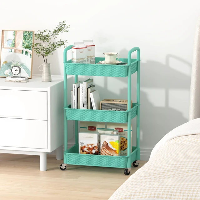 Alt view image 7 of 7 - 3-Tier Plastic Rolling Utility Cart with Handle,Turquoise Utility Storage Cart for Office, Living Room, Kitchen,Movable Storage OrganizerEasy installationRattan-like art design