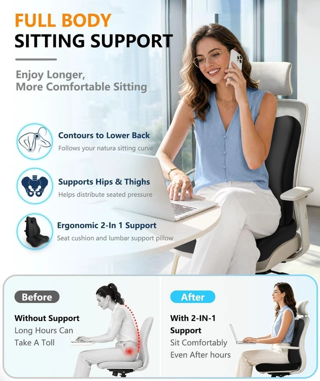 Alt view image 2 of 7 - Lumbar Support Pillow & Seat Cushion for Office Chair, Memory Foam Office Chair Cushion for Tailbone Pain Relief and Lower Back Support, Ergonomic Desk Chair Cushion for Gaming,Wheelchair,Home