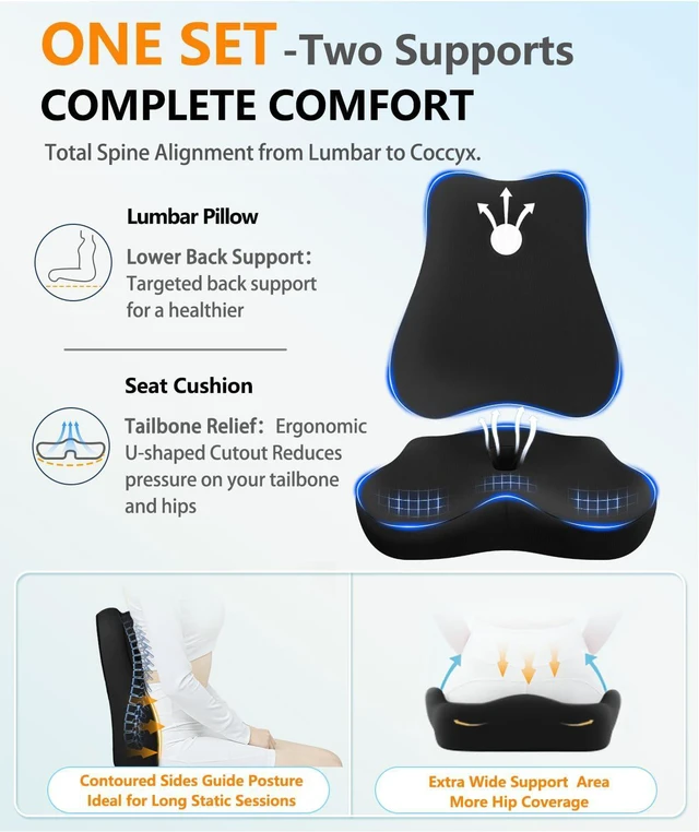 Alt view image 3 of 7 - Lumbar Support Pillow & Seat Cushion for Office Chair, Memory Foam Office Chair Cushion for Tailbone Pain Relief and Lower Back Support, Ergonomic Desk Chair Cushion for Gaming,Wheelchair,Home