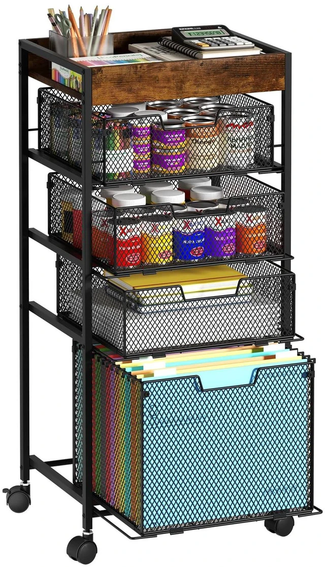 Main image of Rolling File Cart with Drawers - 5 Tier Art Craft Rolling Organizer Cart - Office Storage &Organization, Mobile Metal File Cabinet for Office and Home Espresso