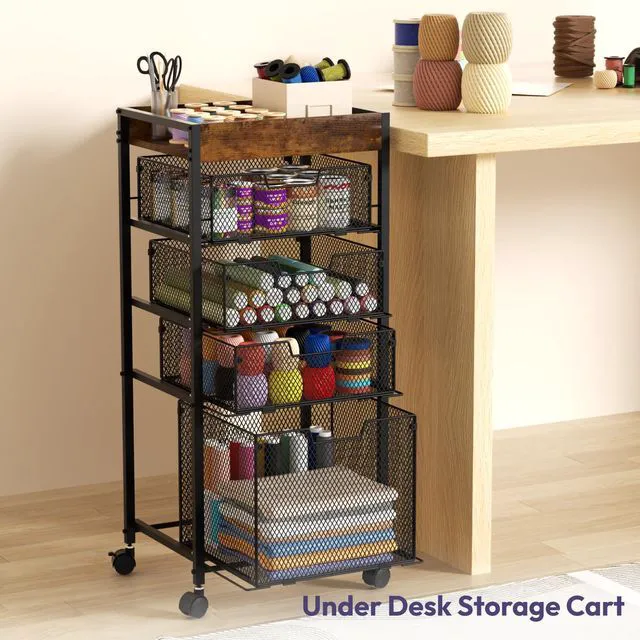 Alt view image 2 of 7 - Rolling File Cart with Drawers - 5 Tier Art Craft Rolling Organizer Cart - Office Storage &Organization, Mobile Metal File Cabinet for Office and Home Espresso