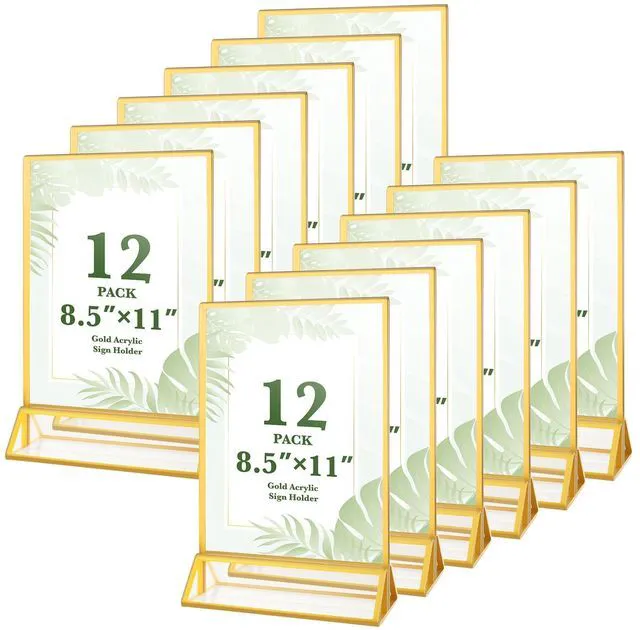 Main image of 12 Pack 8.5×11 Gold Acrylic Sign Holders, Wedding Table Number Holders Double Sided Vertical Stand Clear Picture Frame Stands, Menu Flyer Display Stands for Party, Home, Office, Restaurant