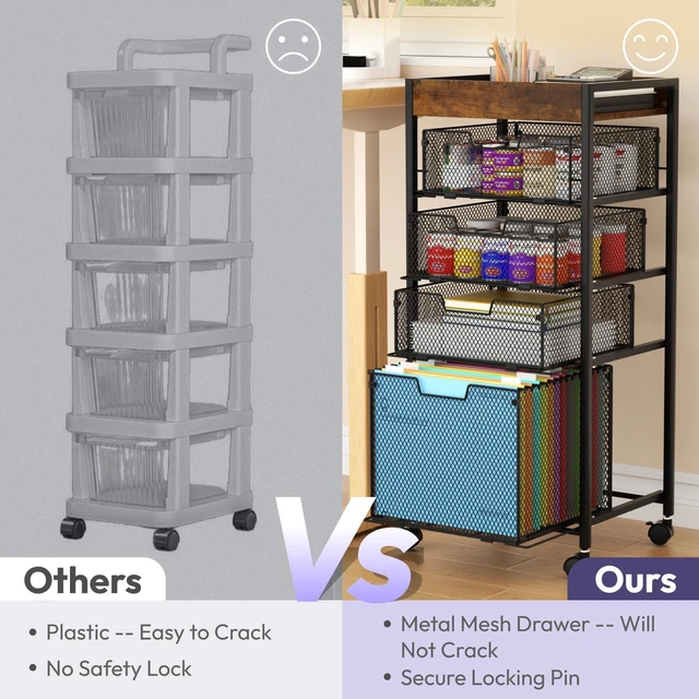 Alt view image 4 of 7 - Rolling File Cart with Drawers - 5 Tier Art Craft Rolling Organizer Cart - Office Storage &Organization, Mobile Metal File Cabinet for Office and Home Espresso