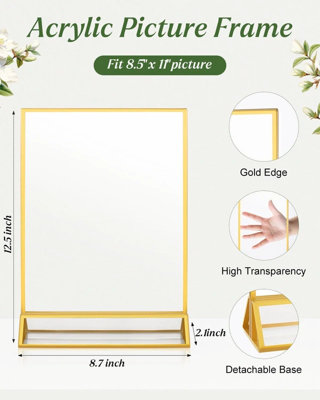 Alt view image 3 of 6 - 12 Pack 8.5×11 Gold Acrylic Sign Holders, Wedding Table Number Holders Double Sided Vertical Stand Clear Picture Frame Stands, Menu Flyer Display Stands for Party, Home, Office, Restaurant