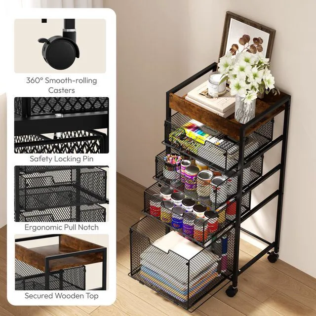 Alt view image 3 of 7 - Rolling File Cart with Drawers - 5 Tier Art Craft Rolling Organizer Cart - Office Storage &Organization, Mobile Metal File Cabinet for Office and Home Espresso