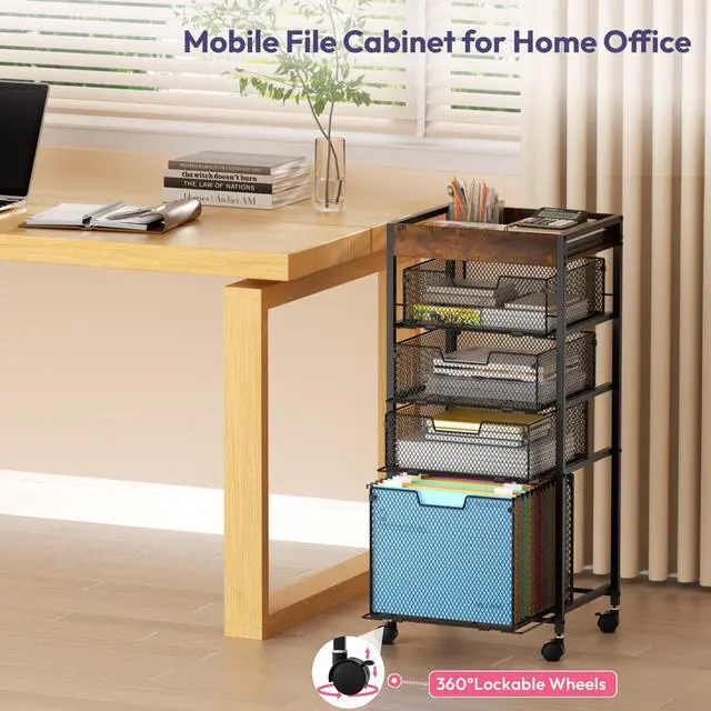 Alt view image 5 of 7 - Rolling File Cart with Drawers - 5 Tier Art Craft Rolling Organizer Cart - Office Storage &Organization, Mobile Metal File Cabinet for Office and Home Espresso