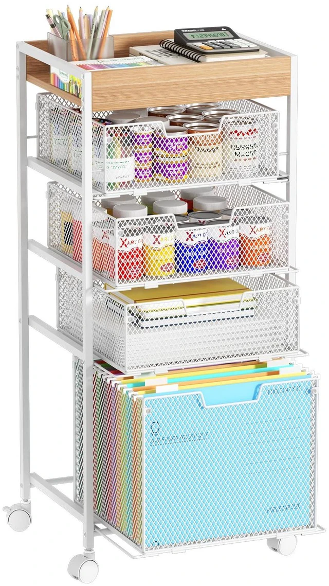 Main image of Rolling File Cart with Drawers - 5 Tier Art Craft Rolling Organizer Cart - Office Storage &Organization, Mobile Metal File Cabinet for Office and Home White