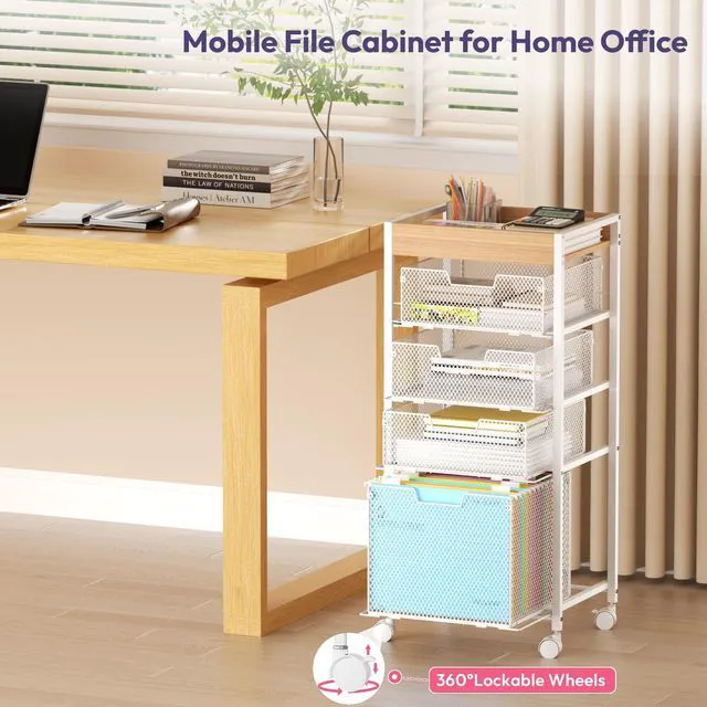 Alt view image 5 of 7 - Rolling File Cart with Drawers - 5 Tier Art Craft Rolling Organizer Cart - Office Storage &Organization, Mobile Metal File Cabinet for Office and Home White