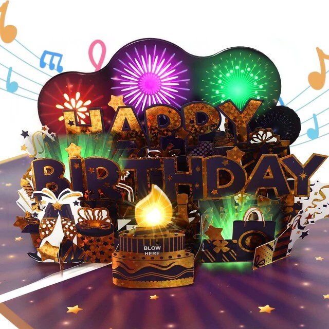 Main image of Birthday Cards, Pop up Birthday Card w Music, Firework Light for Men, Women Musical Birthday Cards, 3D Singing Happy Birthday Card/Gift for Son, Grandson, Dad, Husband, Boys, Girls