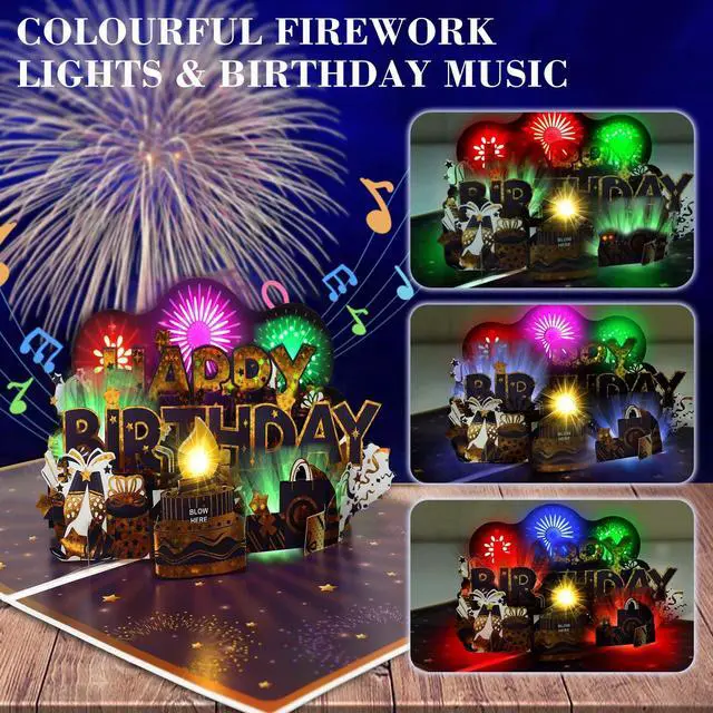 Alt view image 2 of 6 - Birthday Cards, Pop up Birthday Card w Music, Firework Light for Men, Women Musical Birthday Cards, 3D Singing Happy Birthday Card/Gift for Son, Grandson, Dad, Husband, Boys, Girls