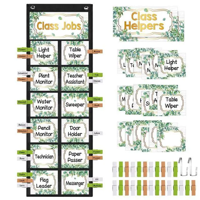 Main image of Eucalyptus Class Jobs Pocket Chart Class Helpers Pocket Chart Classroom Jobs Cards with Clips and Hooks Teacher Helper Bulletin Board Set, for Back to School Classroom Teacher Supplies