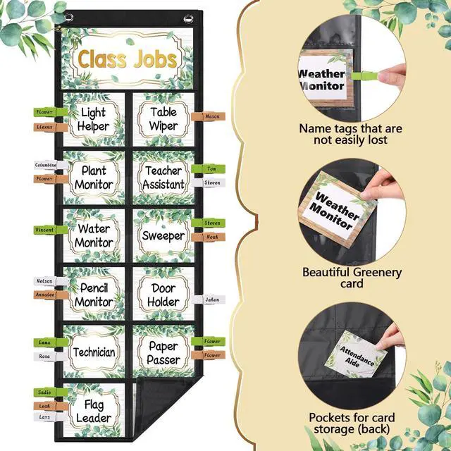 Alt view image 3 of 7 - Eucalyptus Class Jobs Pocket Chart Class Helpers Pocket Chart Classroom Jobs Cards with Clips and Hooks Teacher Helper Bulletin Board Set, for Back to School Classroom Teacher Supplies